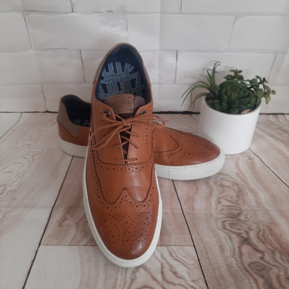 TED BAKER- Dentton Burnished Leather Brogue Hybrid Mens Dress Shoes -Sz12- Brown